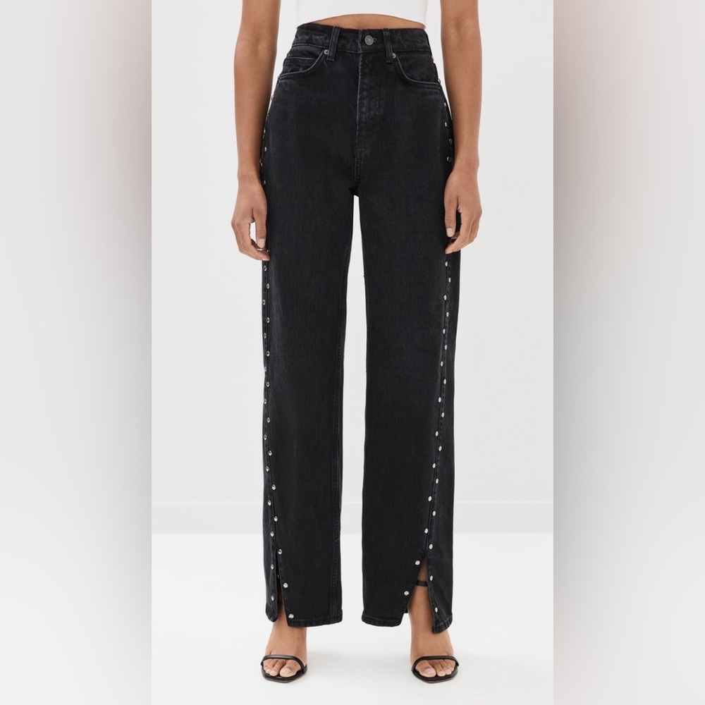 Reformation Carly High Rise Slouchy Straight Jeans, Black Studded, New with Tags